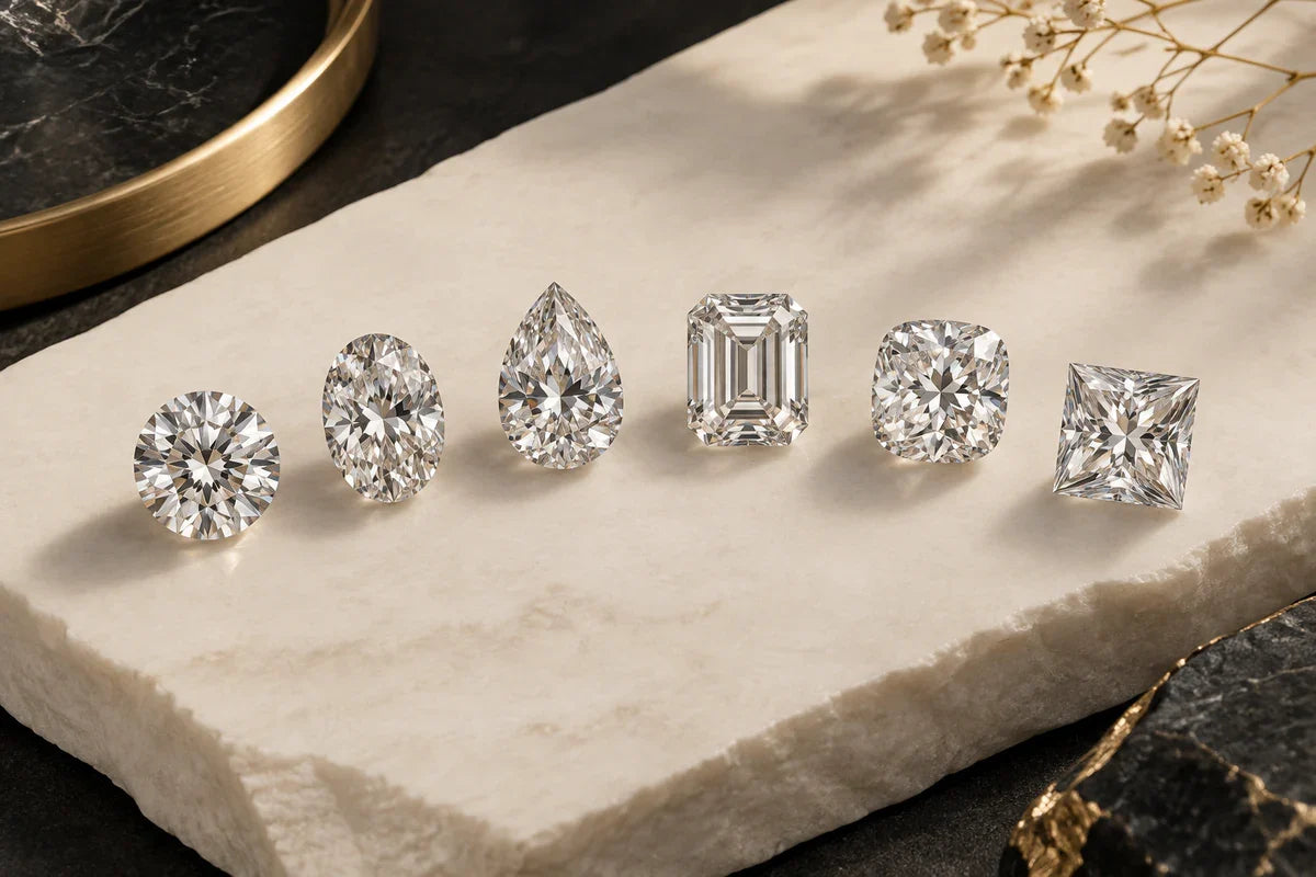 Șase forme de diamant, de la rotund la emerald și pară.