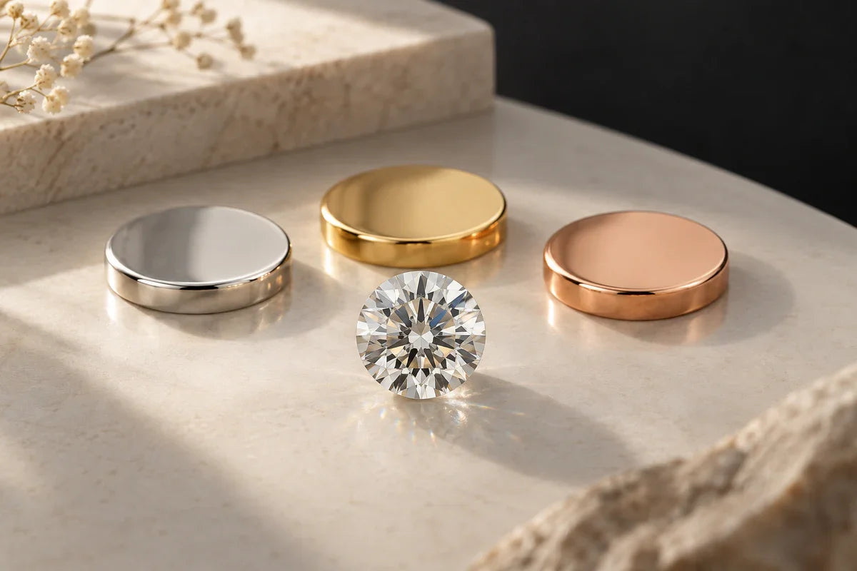 Un diamant lângă mostre de metal alb, aur galben și aur roz.