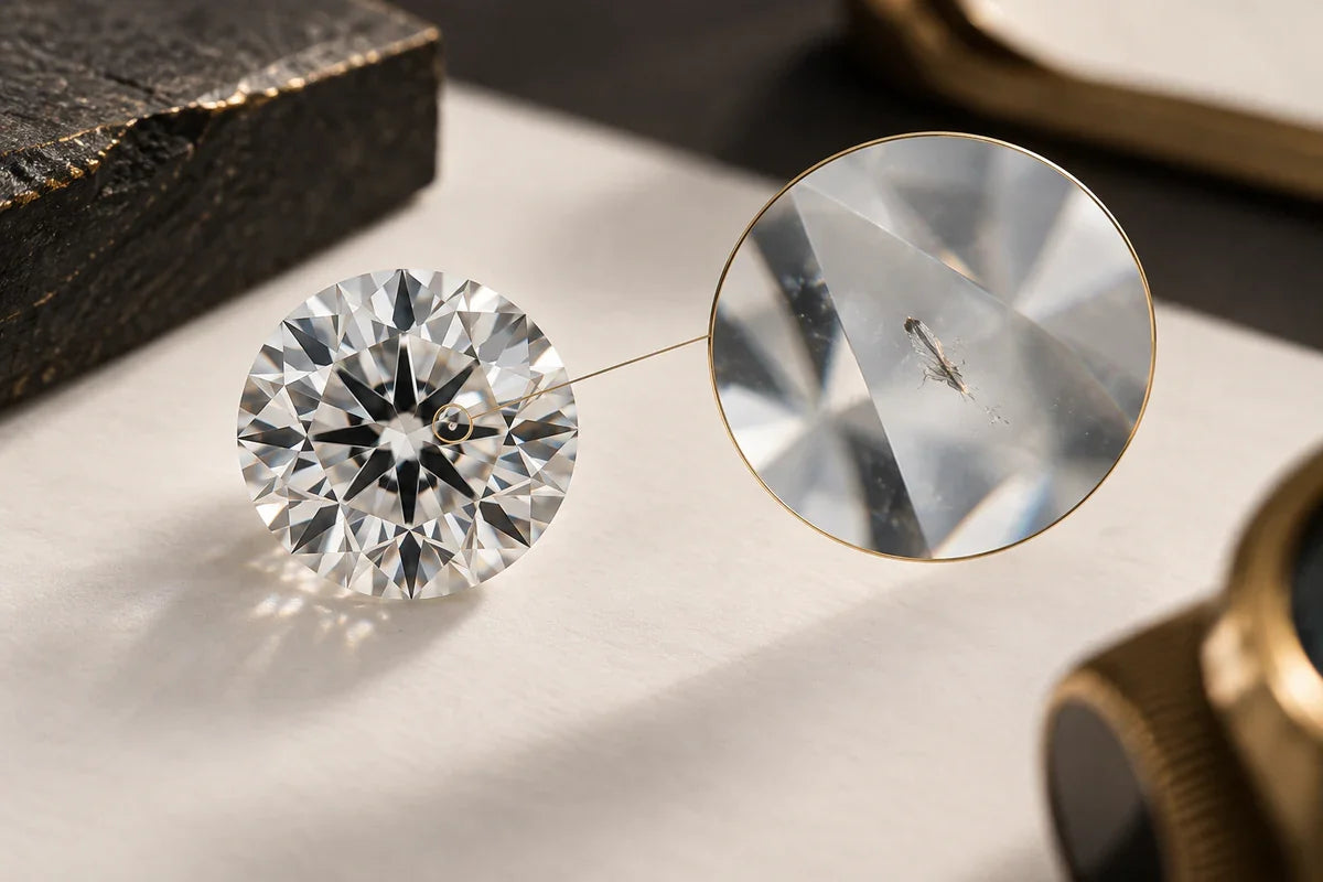 Diamant și detaliu mărit al unei mici caracteristici interioare.
