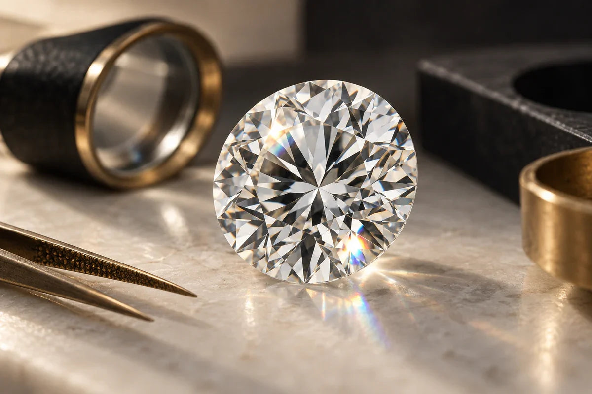 Fațetele unui diamant rotund, cu lumină și contrast natural.