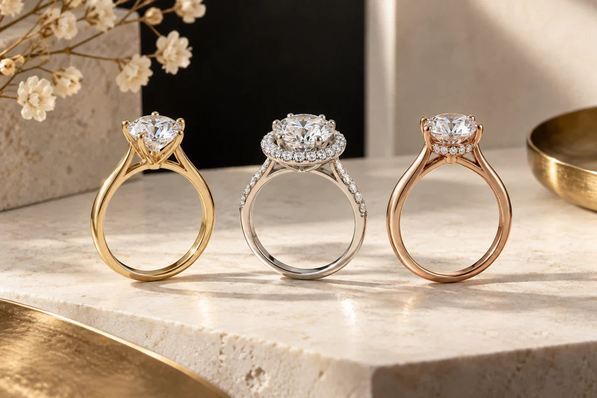 Trei inele ilustrative: solitaire, halo frontal și hidden halo.