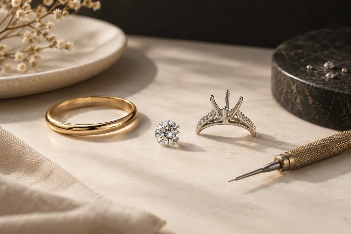 Diamant, montură și bandă, prezentate ca părți ale inelului complet.