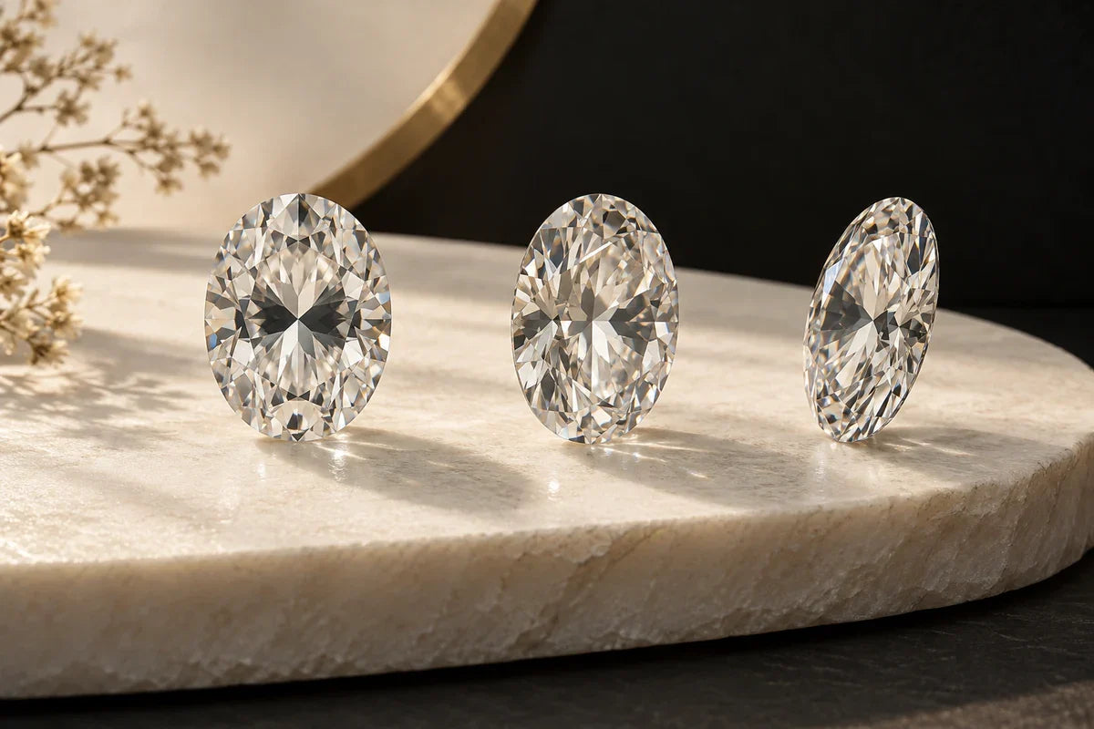 Același diamant oval privit din trei unghiuri, cu un contrast central variabil.