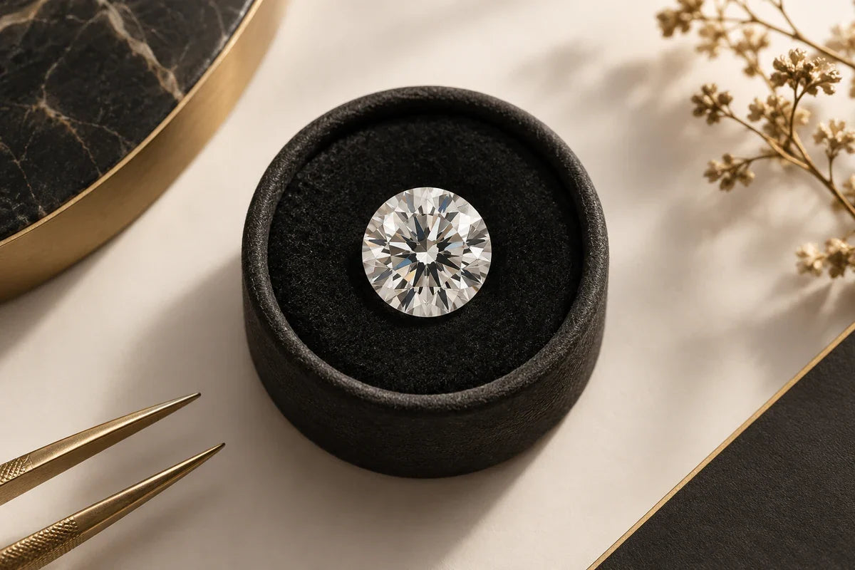 Diamant rotund briliant, cu conturul și fațetele vizibile.