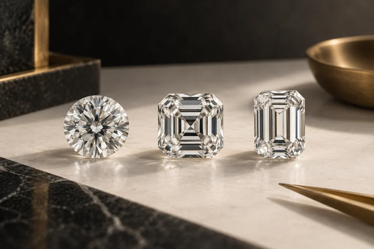 Diamant Asscher în centru, între un diamant rotund și unul emerald.