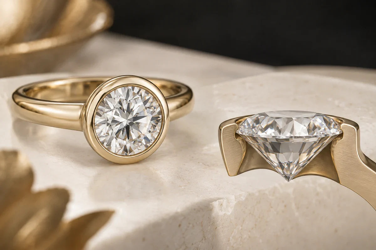 Diamant fixat într-o ramă metalică bezel, privit din profil.