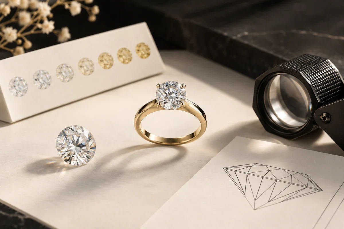 Diamant, inel, lupă, exemple de culoare și schiță de fațetare.