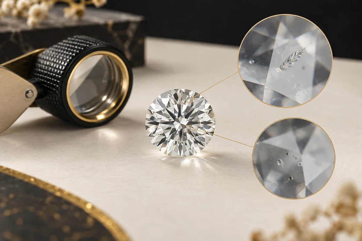 Diamant, lupă și detalii mărite ale unor incluziuni.