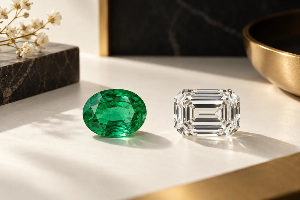 Smarald verde oval și diamant incolor cu tăietură emerald.