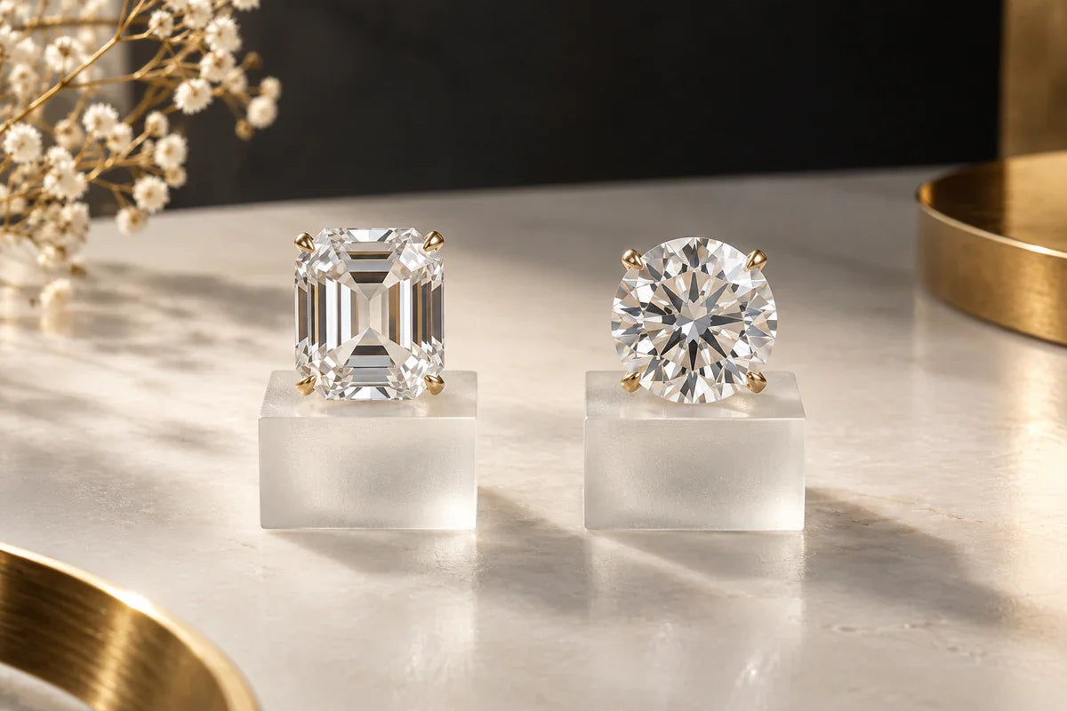 Safir alb și diamant incolor, comparate în aceeași lumină.