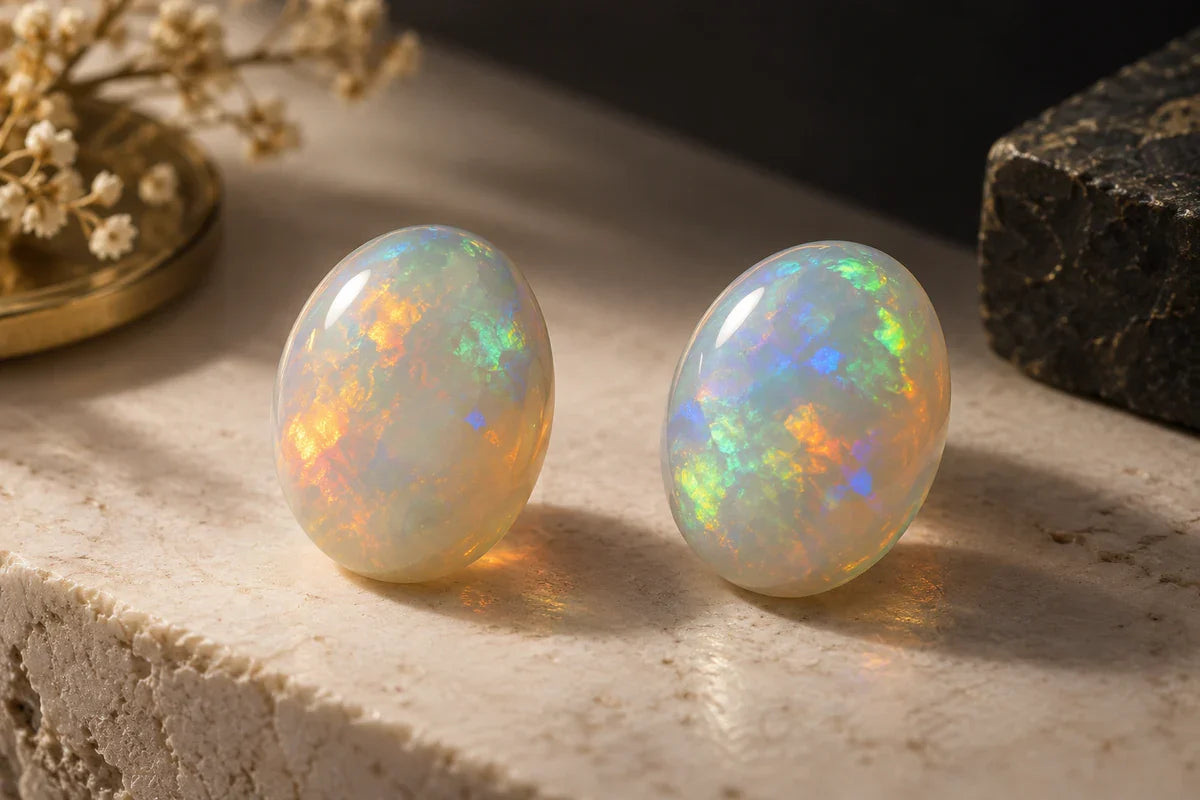 Opal cabochon privit din două unghiuri, cu joc de culoare diferit.