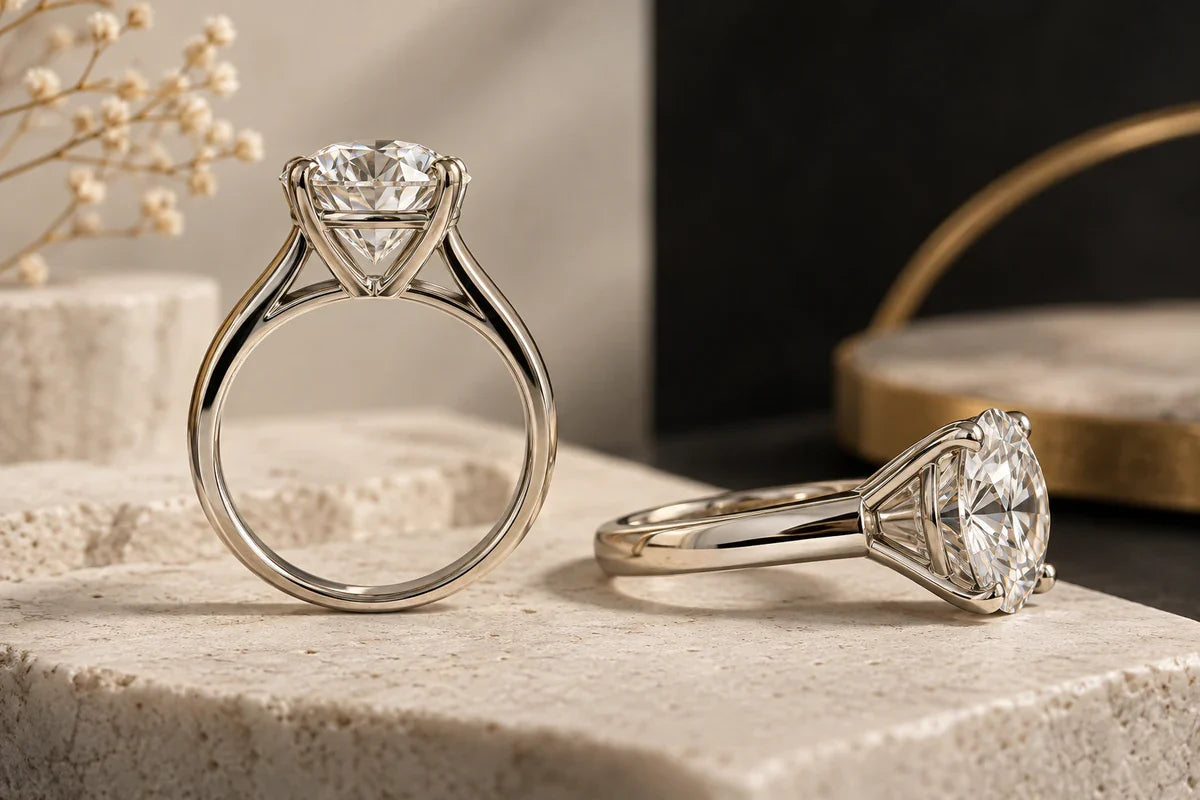 Montură pentru un diamant amplu, cu sprijinul pietrei și îmbinările vizibile.