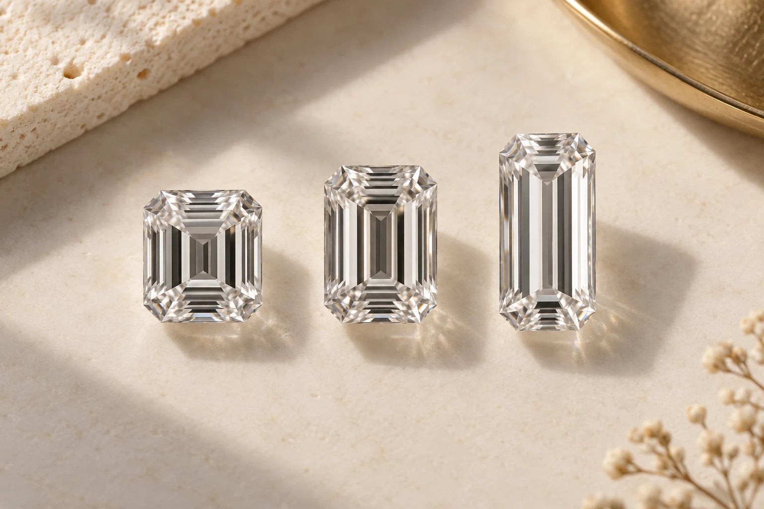 Trei forme emerald ilustrative, cu contururi dreptunghiulare mai compacte sau mai alungite.