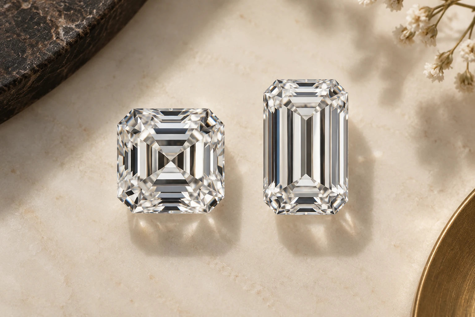 Două tăieturi în trepte ilustrative: una pătrată, de tip Asscher, și una emerald alungită.