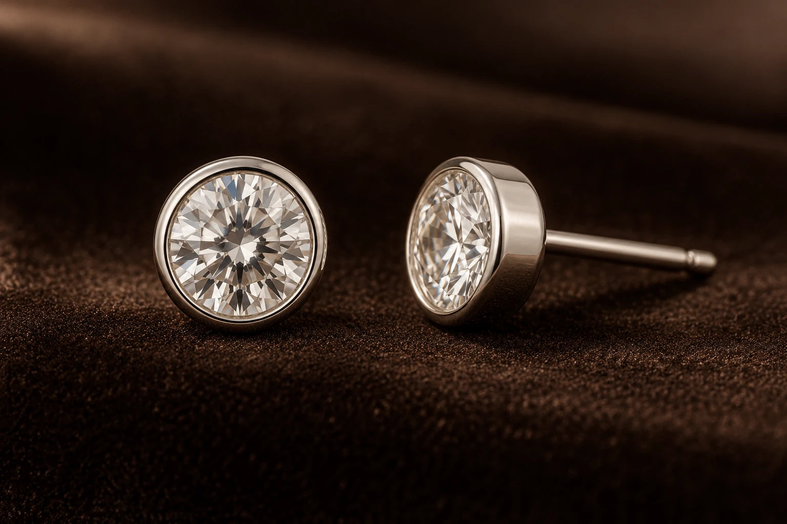 O pereche de studs ilustrative cu margine metalică continuă, de tip bezel.