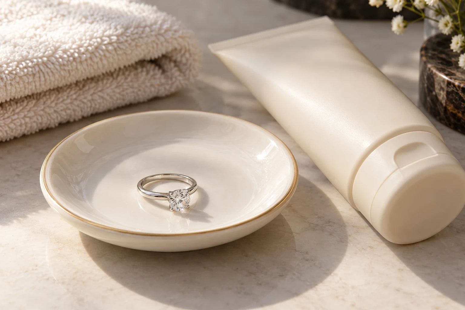 Inel ilustrativ lăsat pe o tăviță înainte de folosirea cremei.