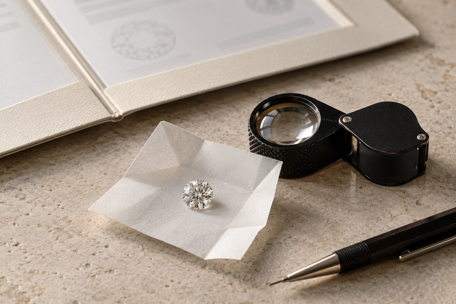 Diamant rotund, lupă de bijutier și mapă de documente, pe o masă din piatră deschisă.