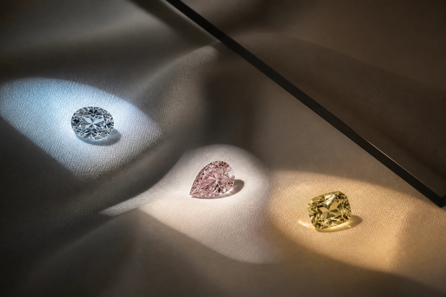 Selecție restrânsă de diamante colorate observate în lumină neutră, cu nuanțe și reflexii distincte.