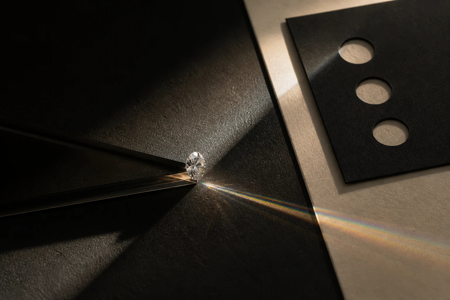 Diamant observat în lumină controlată, cu reflexii spectrale fine pe o suprafață neutră.